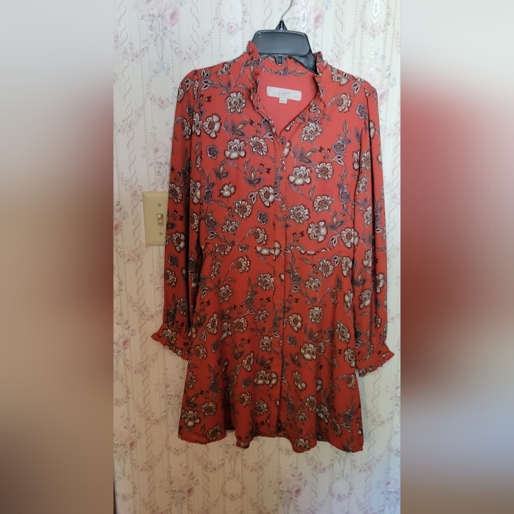 Loft Dress Size 00 Petite Floral Long Sleeve w Slit Side Pockets